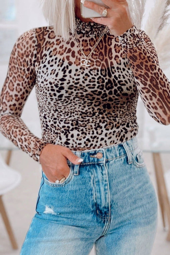 Hazel Blues® |  Turtleneck Leopard Long Sleeve Bodysuit