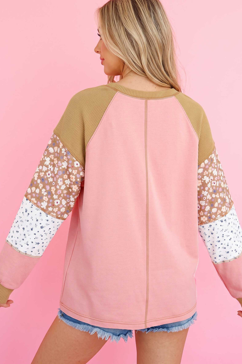 Apricot Pink Color-Block Floral Waffle Mixed Patchwork Long-Sleeve Top