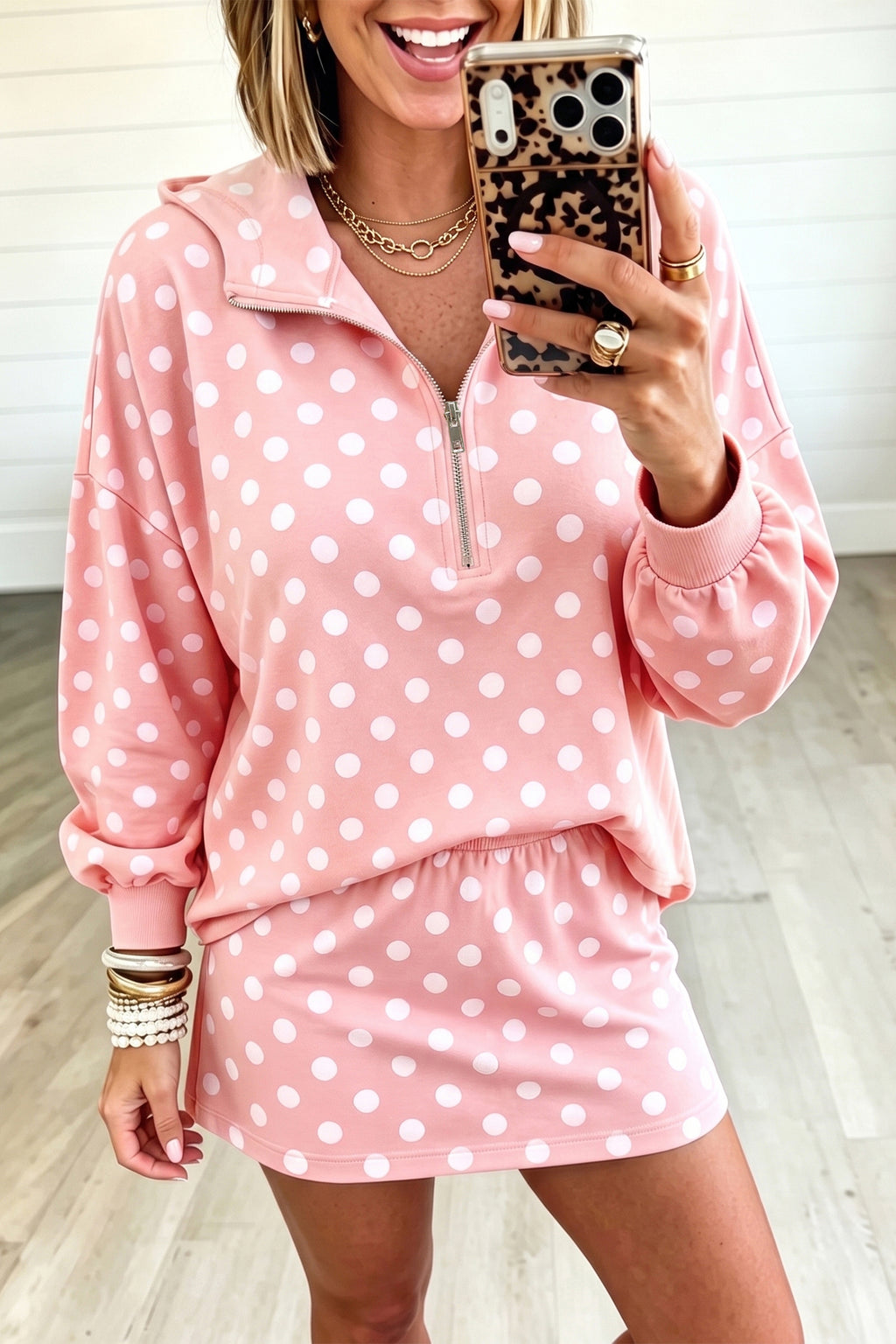Pink Polka-Dot Hooded Long-Sleeve Top Casual Mini Skort Set