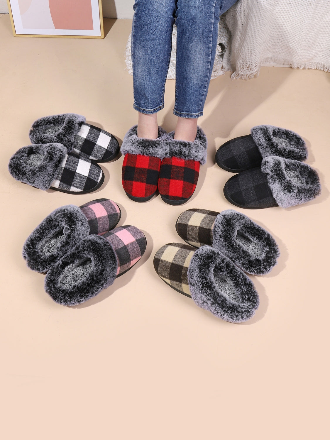 Hazel Blues® |  Plaid Furry Round Toe Flat Slippers