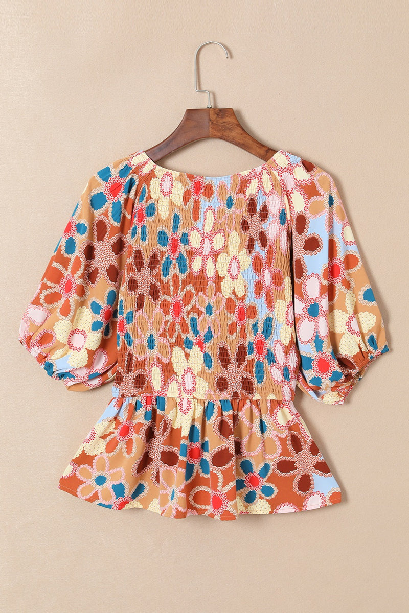 Hazel Blues® |  Smocked Printed V-Neck Half Sleeve Blouse