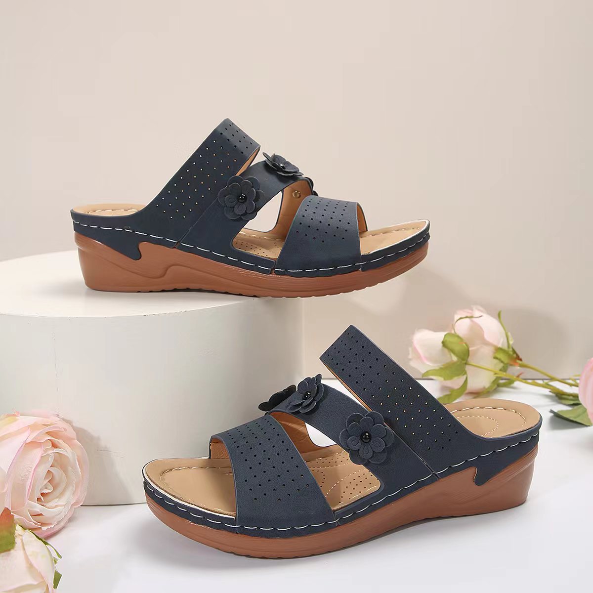 Hazel Blues® |  Flower PU Leather Wedge Sandals