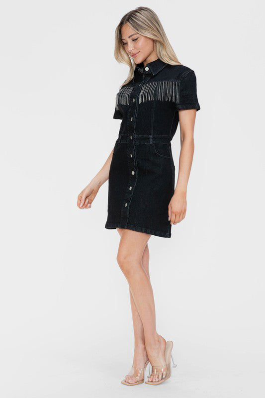 Hazel Blues® |  bytos Embellished Button Down Short Sleeve Denim Dress