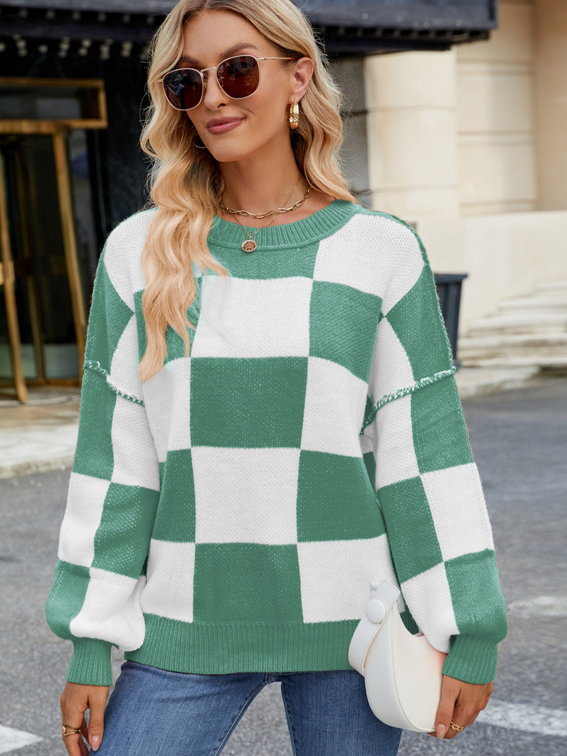 Hazel Blues® |  Checkered Round Neck Long Sleeve Sweater