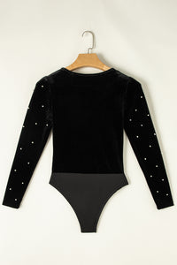 Hazel Blues® |  Pearl Detail Velvet V-Neck Long Sleeve Bodysuit