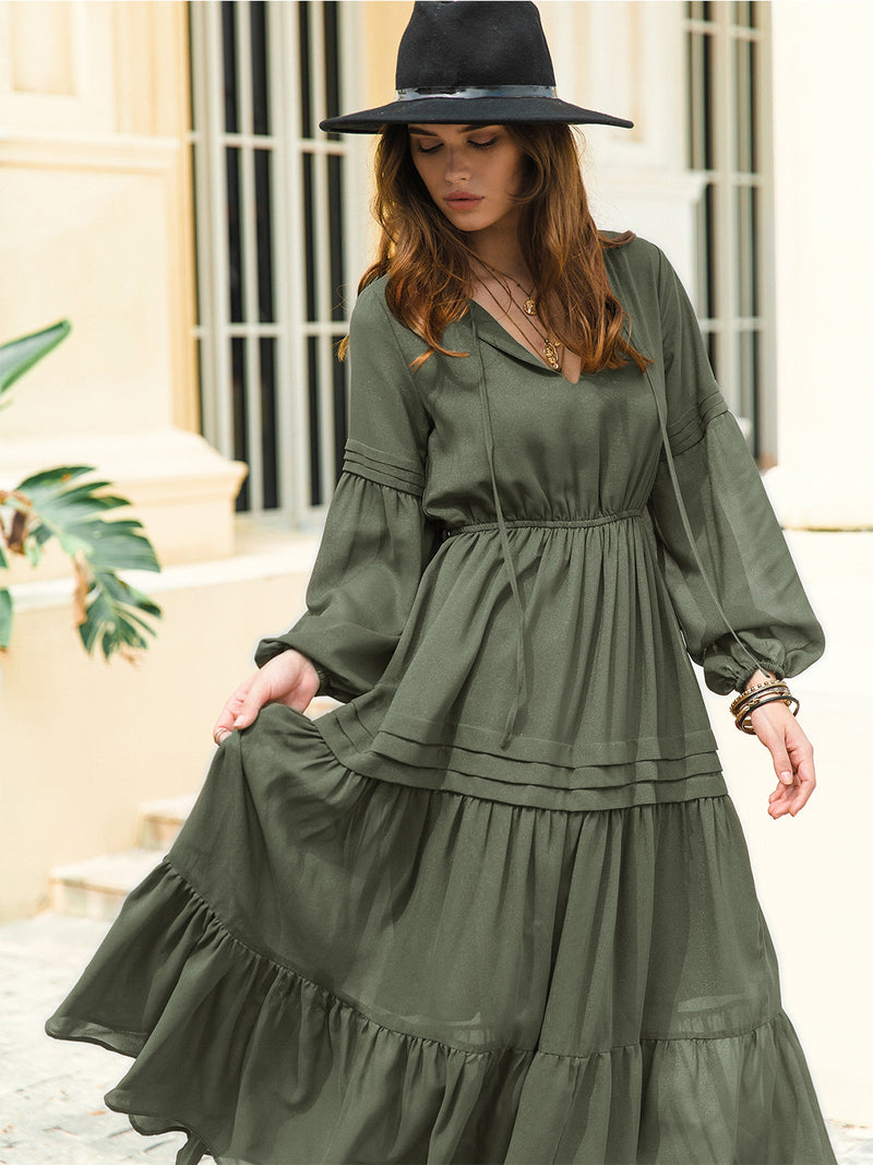Tie Neck Long-Sleeve Midi Tiered Dress – Hazel Blues®
