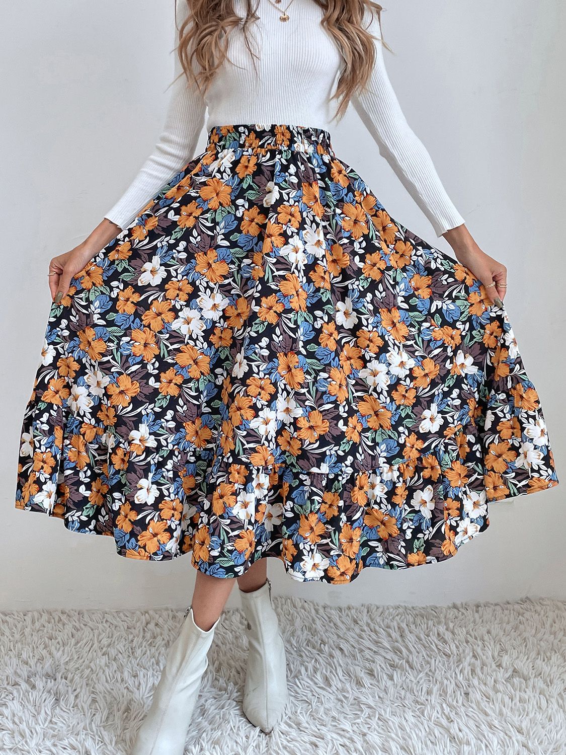 Hazel Blues® |  Printed Elastic Waist Midi Skirt