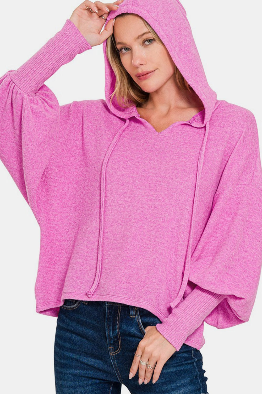 Hazel Blues® |  Zenana Brushed Hacci Drop Shoulder Cropped Hoodie