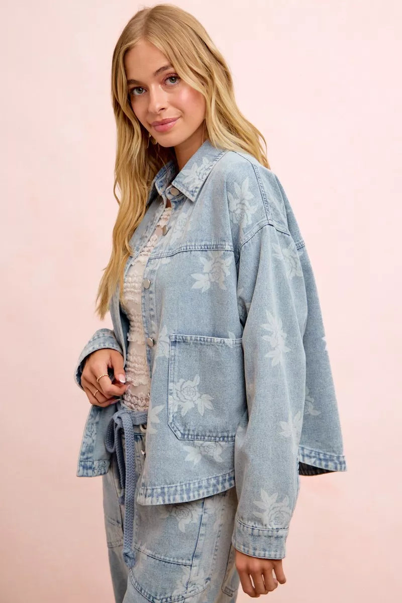 BiBi Printed Washed Denim Jacket With Pocket – Hazel Blues®
