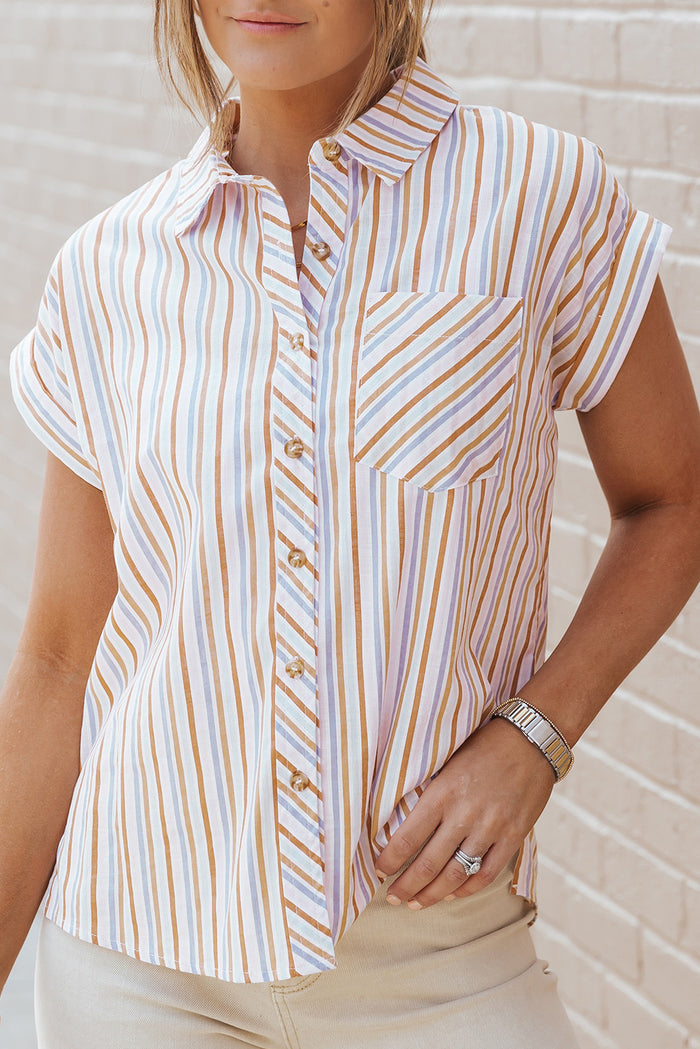 Hazel Blues® |  Pocketed Striped Collared Neck Short Sleeve Shirt