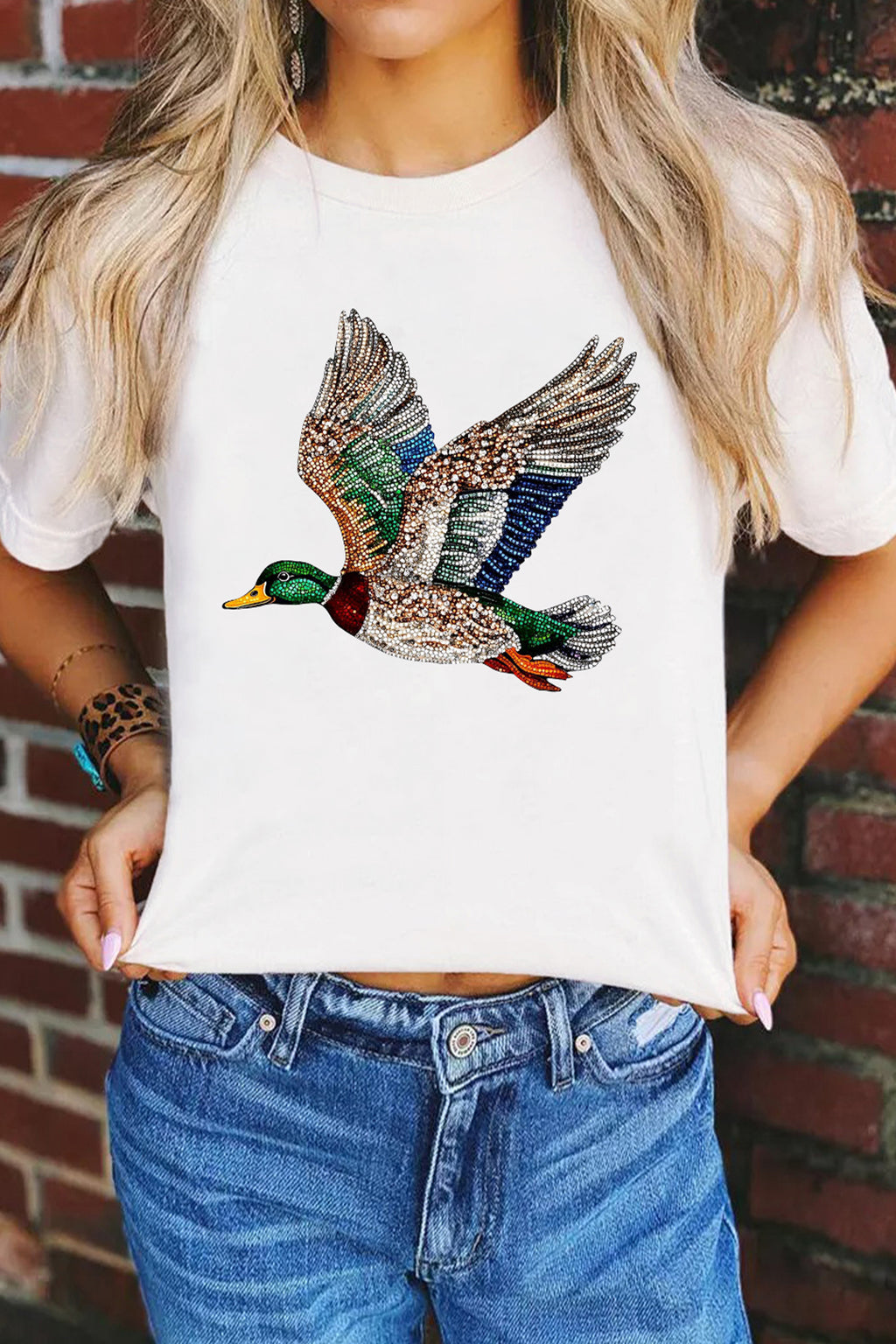 White Flying Mallard Print Crew Neck T Shirt