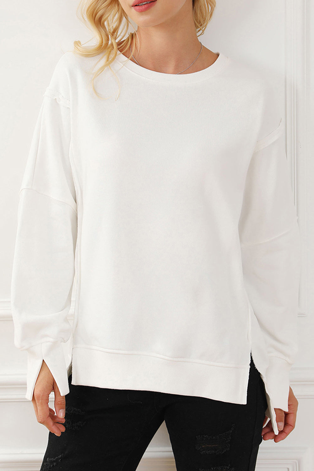 Hazel Blues® |  Exposed Seam High-Low Long Sleeve Sweatshirt