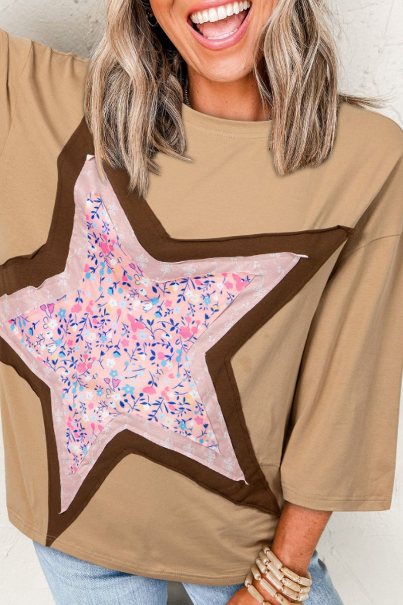 Hazel Blues® |  Star Applique Patch Round Neck T-Shirt