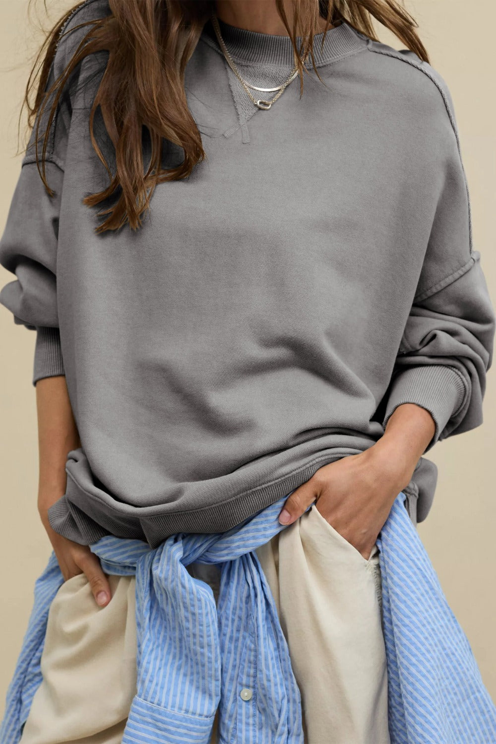 Hazel Blues® |  Side Slit Round Neck Long Sleeve Sweatshirt