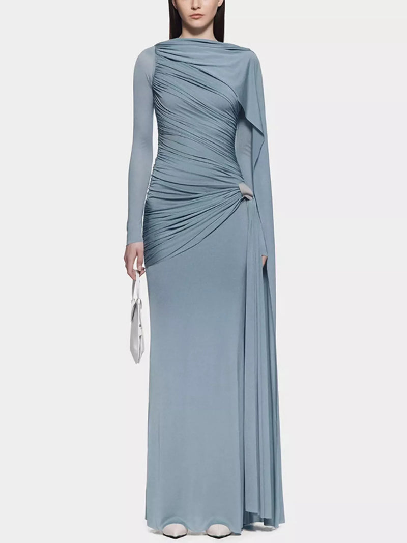 Blue Ruched Draped Long Sleeve Maxi Dress