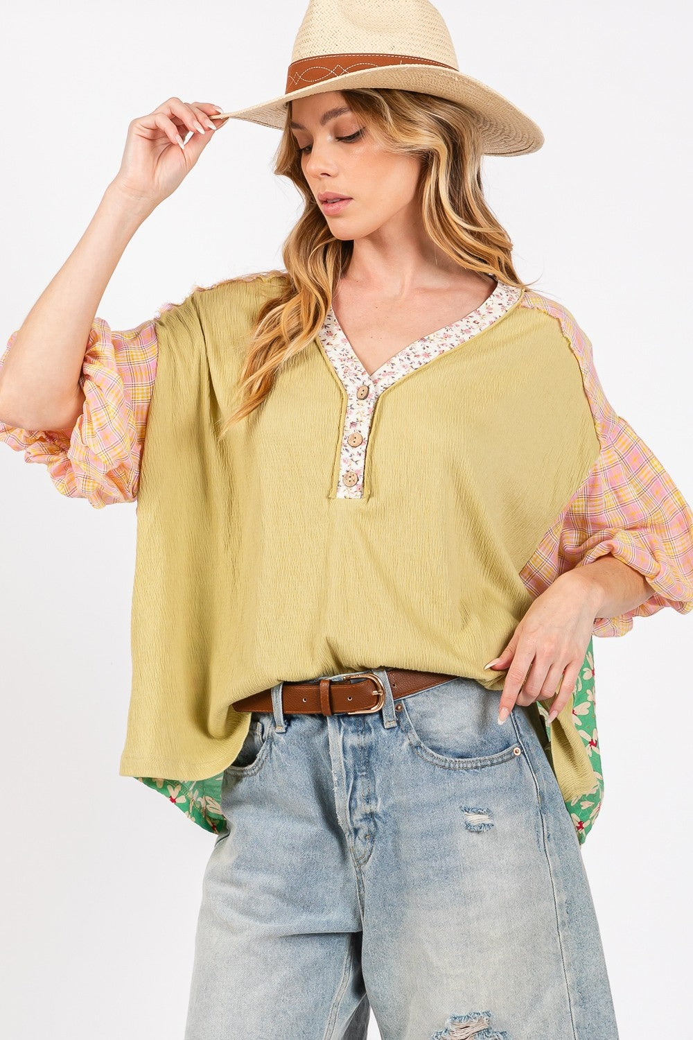 Hazel Blues® |  SAGE + FIG Color Block Bubble Sleeve Top