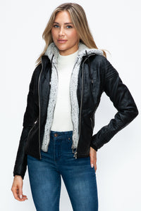 Hazel Blues® |  YMI Faux Layered Double-Zipper Jacket with Fuzzy Hood