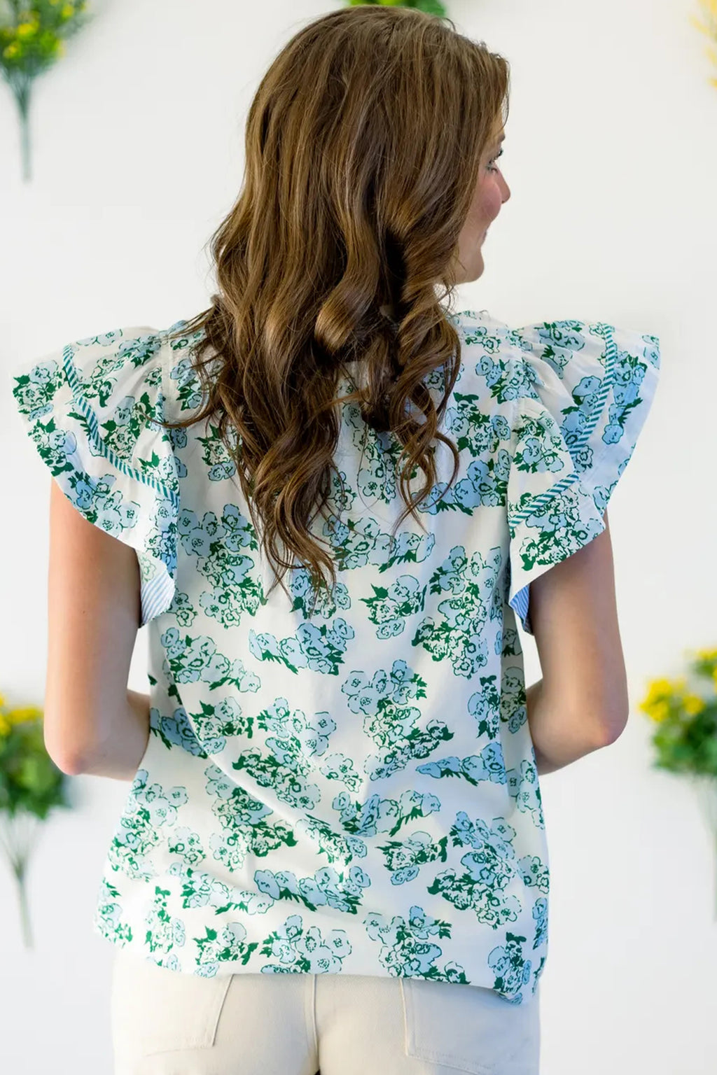 Green Floral Meets Stripes V-Neck Flutter-Sleeve Blouse