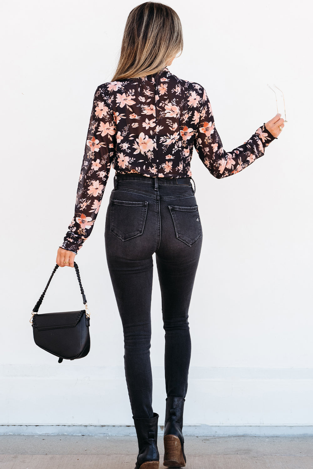 Floral Mesh Mock Neck Long Sleeve Slim Fit Top | Floral Long Sleeve Mesh Top