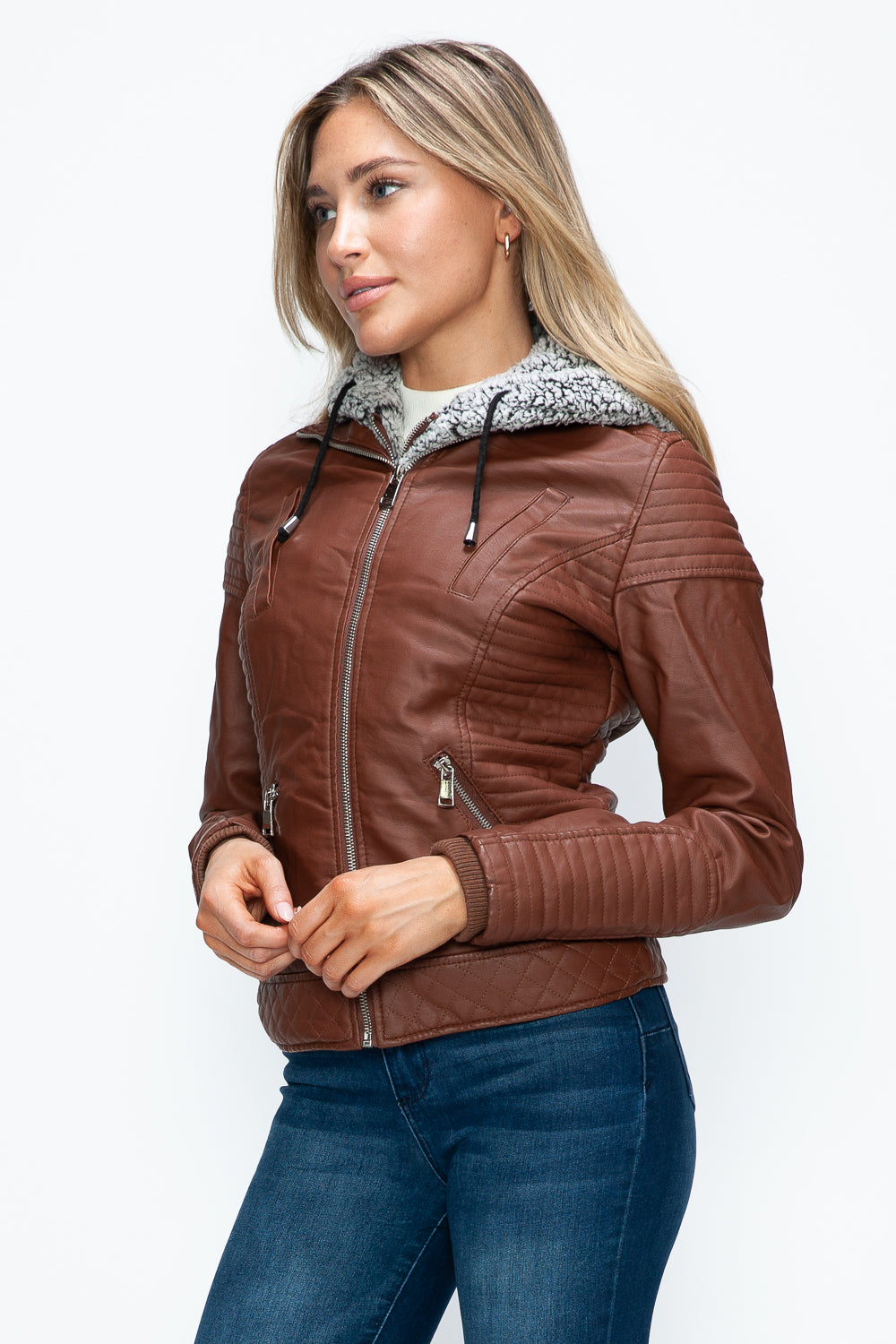 Hazel Blues® |  YMI Faux Layered Double-Zipper Jacket with Fuzzy Hood