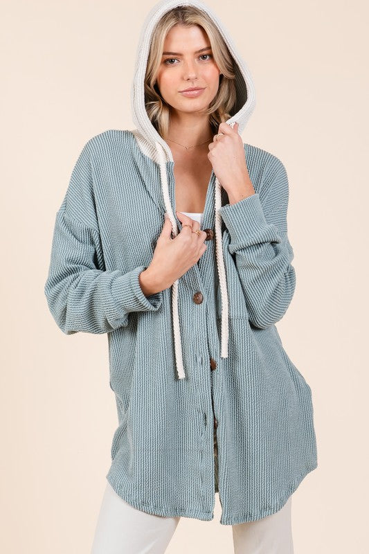 Hazel Blues® |  BOMBOM Textured Button Down Drawstring Hooded Shacket