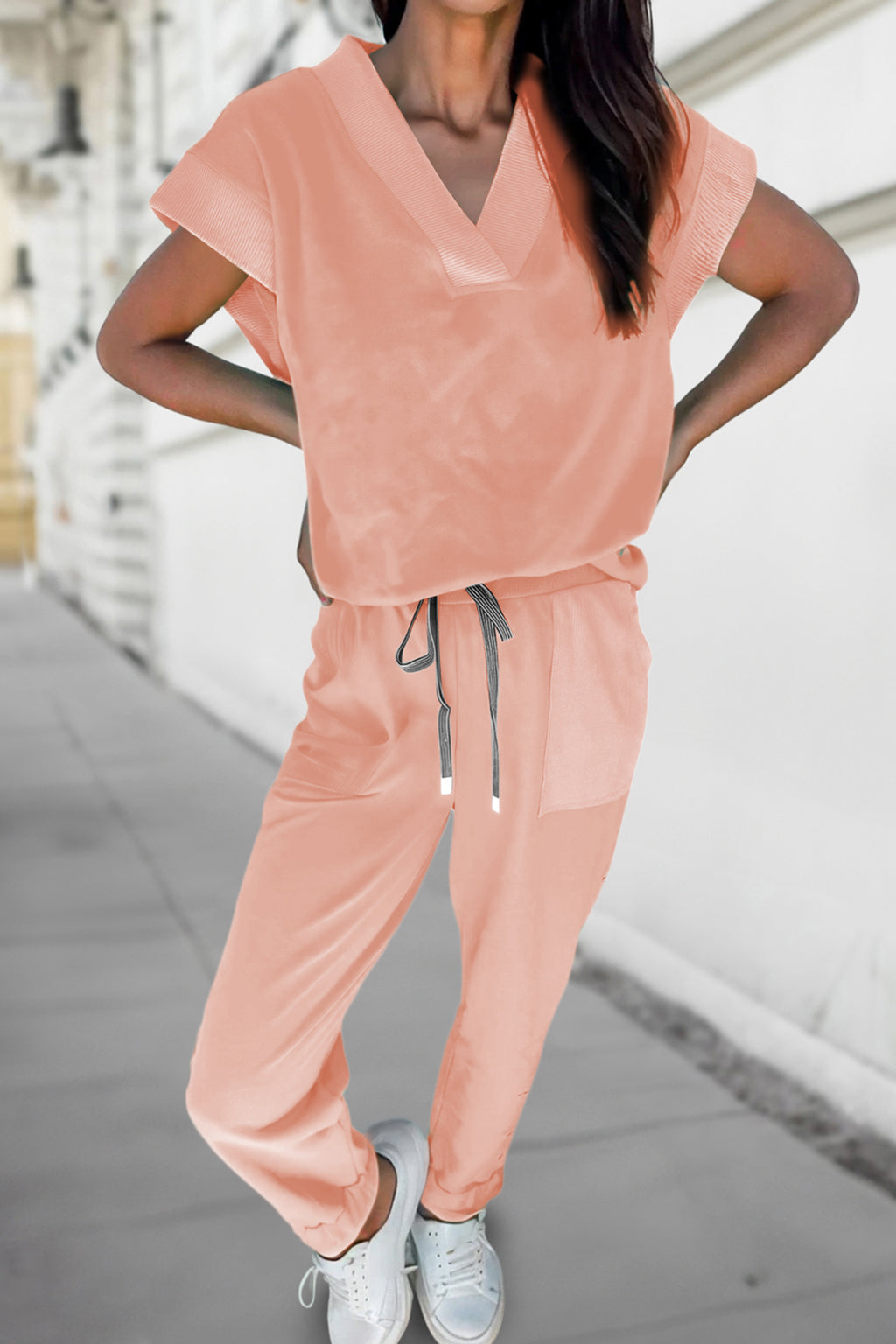 Apricot Pink V-Neck Tee and Drawstring Pants Set