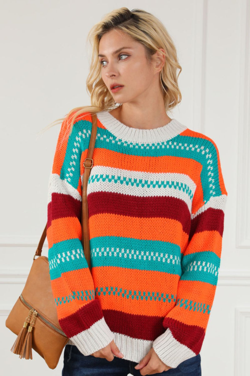 Hazel Blues® |  Contrast Striped Round Neck Long Sleeve Sweater