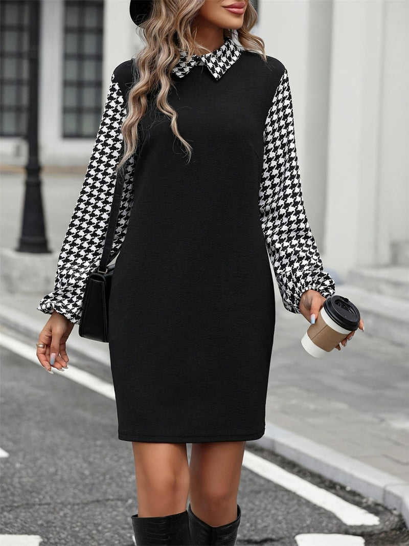 Hazel Blues® |  Houndstooth Collared Neck Long Sleeve Mini Dress