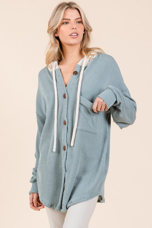 Hazel Blues® |  BOMBOM Textured Button Down Drawstring Hooded Shacket