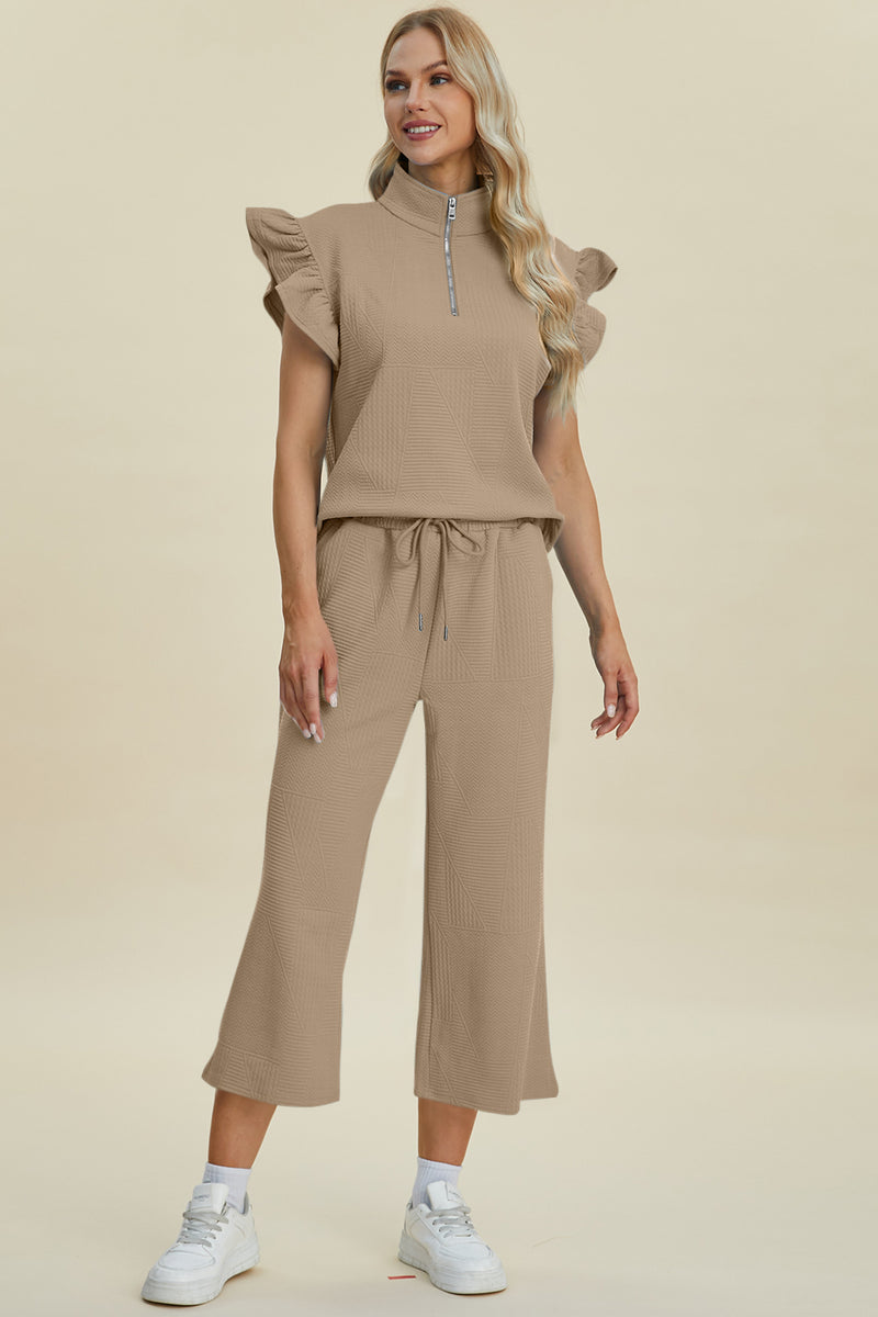 Hazel Blues® |  Double Take Texture Ruffle Short Sleeve Top and Wide Leg Pants Set