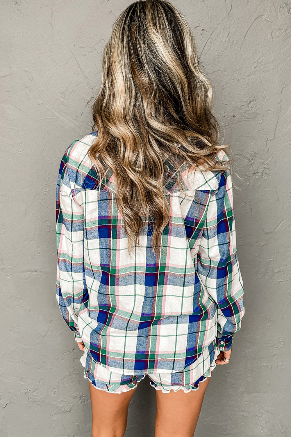 Fiona Noelle Blue Plaid Print Shirt and Shorts 2-Piece Lounge Set