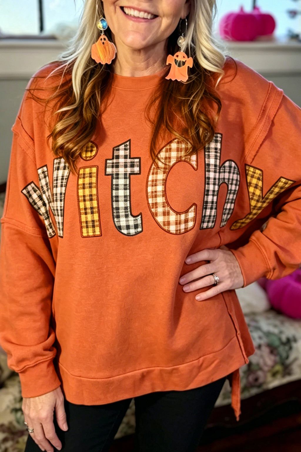 Halloween Witchy Plaid Slogan Embroidered Patch Tunic Sweatshirt