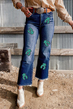 Hazel Blues® |  Sail Blue Turquoise Pattern Raw Edge Cropped High Waist Jeans