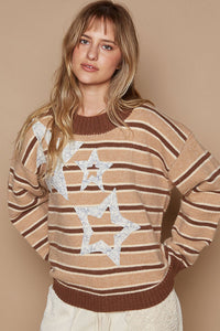 Hazel Blues® |  POL Star Patch Stripe Round Neck Sweater