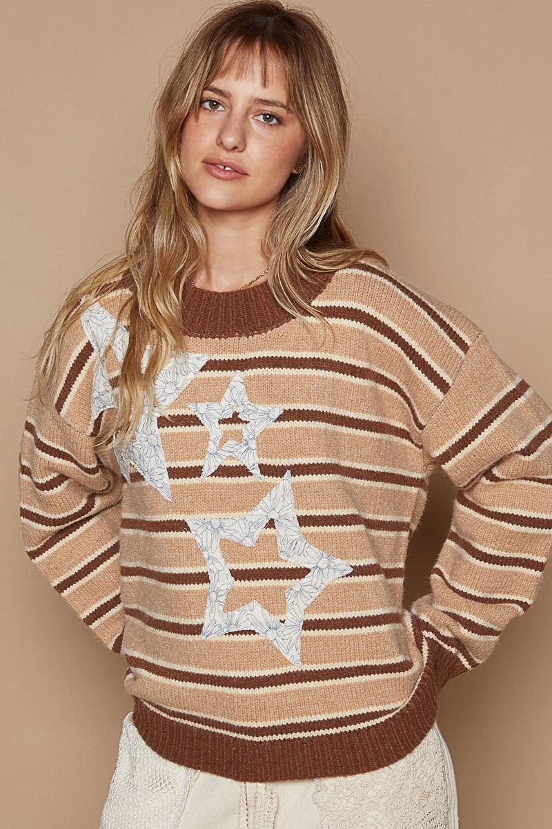 Hazel Blues® |  POL Star Patch Stripe Round Neck Sweater