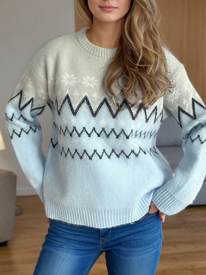 Hazel Blues® |  Chevron Contrast Round Neck Long Sleeve Sweater