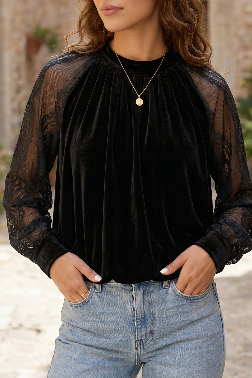 Sheer Lace Long Sleeve Patchwork Stand Neck Velvet Blouse | Lace Patchwork Long Sleeve Blouse