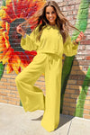 Hazel Blues® |  Yellow Cream Drop Shoulder Puff Sleeve Crop Pullover Drawstring Wide Leg Pants Set