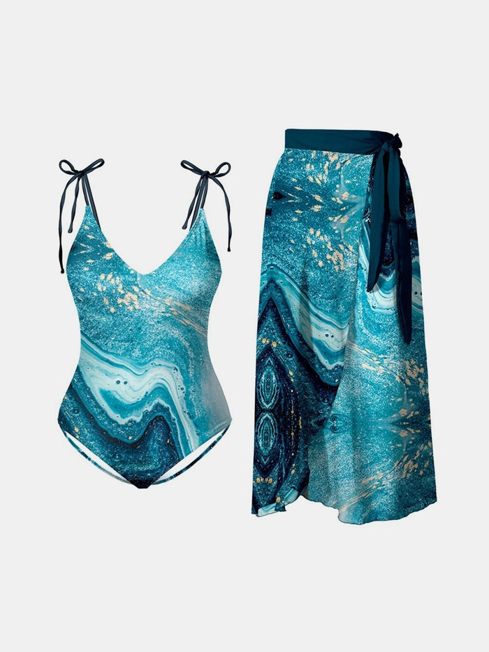 Hazel Blues® |  Printed Tie Shoulder Swimwear and Skirt Swim Set