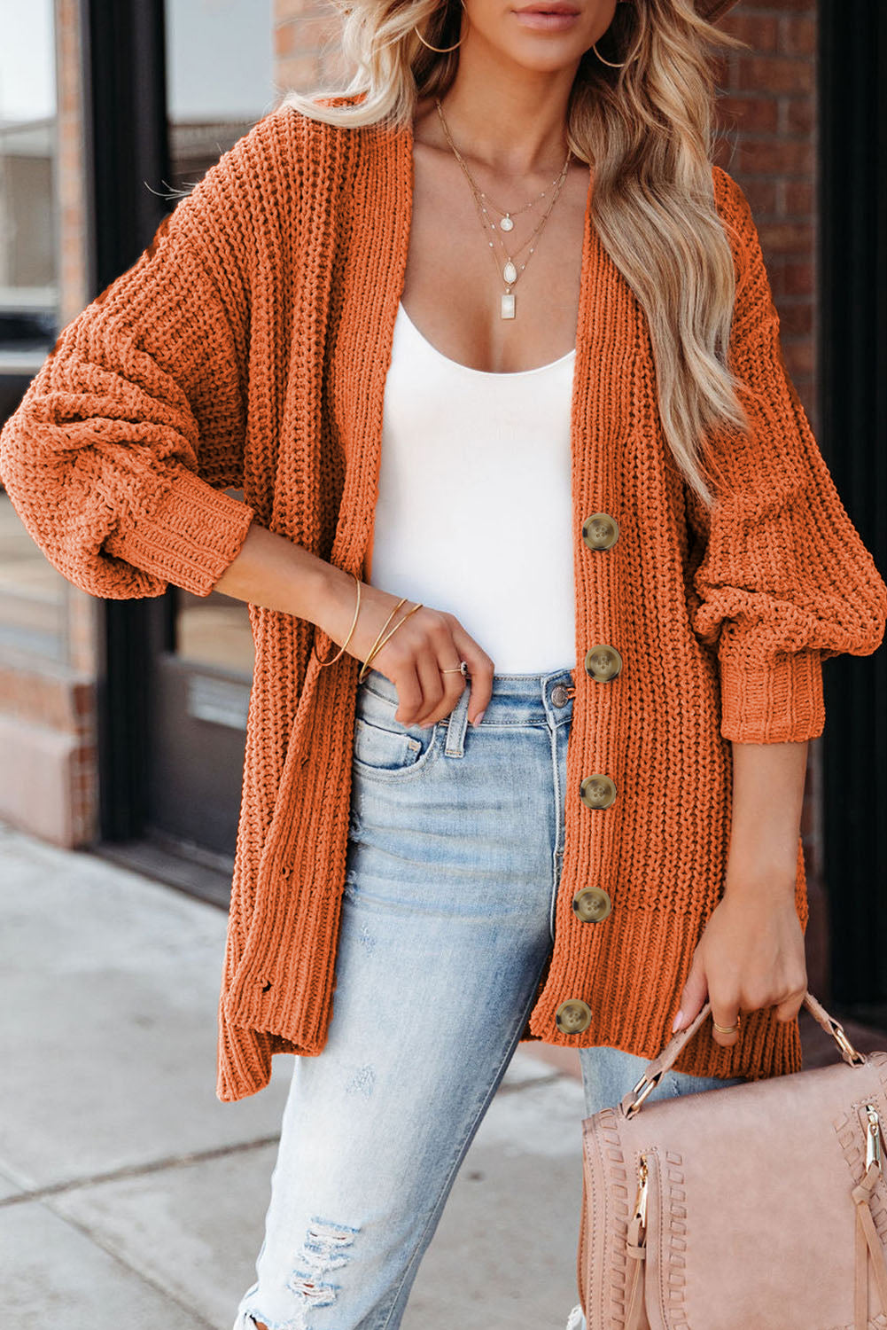 Hazel Blues® |  Gold Flame Button Front V Neck Chunky Cardigan Sweater