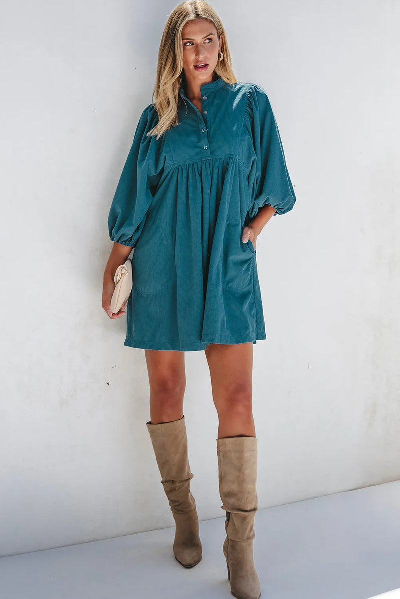 Hazel Blues® |  Quarter Snap Three-Quarter Sleeve Dress with Pockets