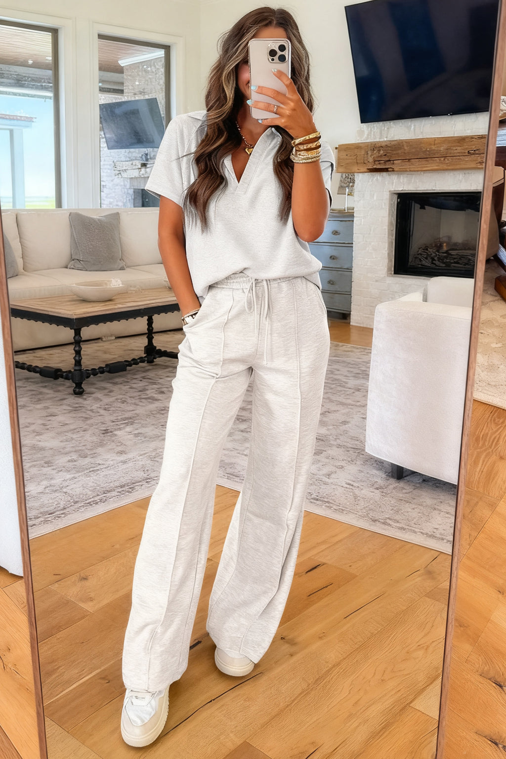 Hazel Blues® |  Light Grey Polo Tee Casual Pant Set