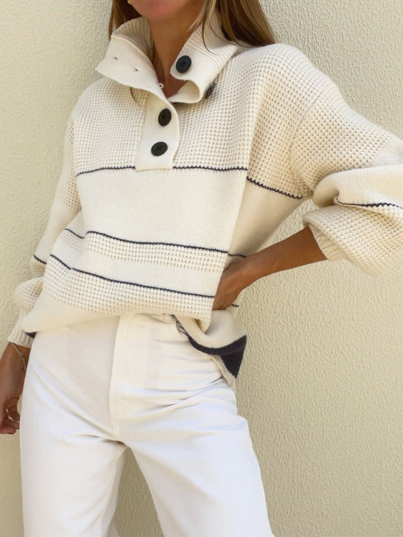 Hazel Blues® |  Waffle-Knit Half Button Long Sleeve Sweater