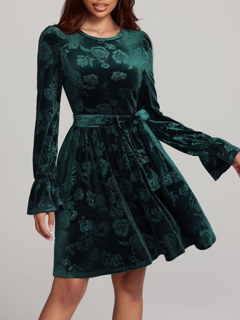 Hazel Blues® |  Tied Flower Print Round Neck Flounce Sleeve Dress