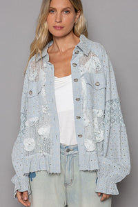 Hazel Blues® |  POL Eyelet Flower Pearl Detail Lace Patchwork Shirt