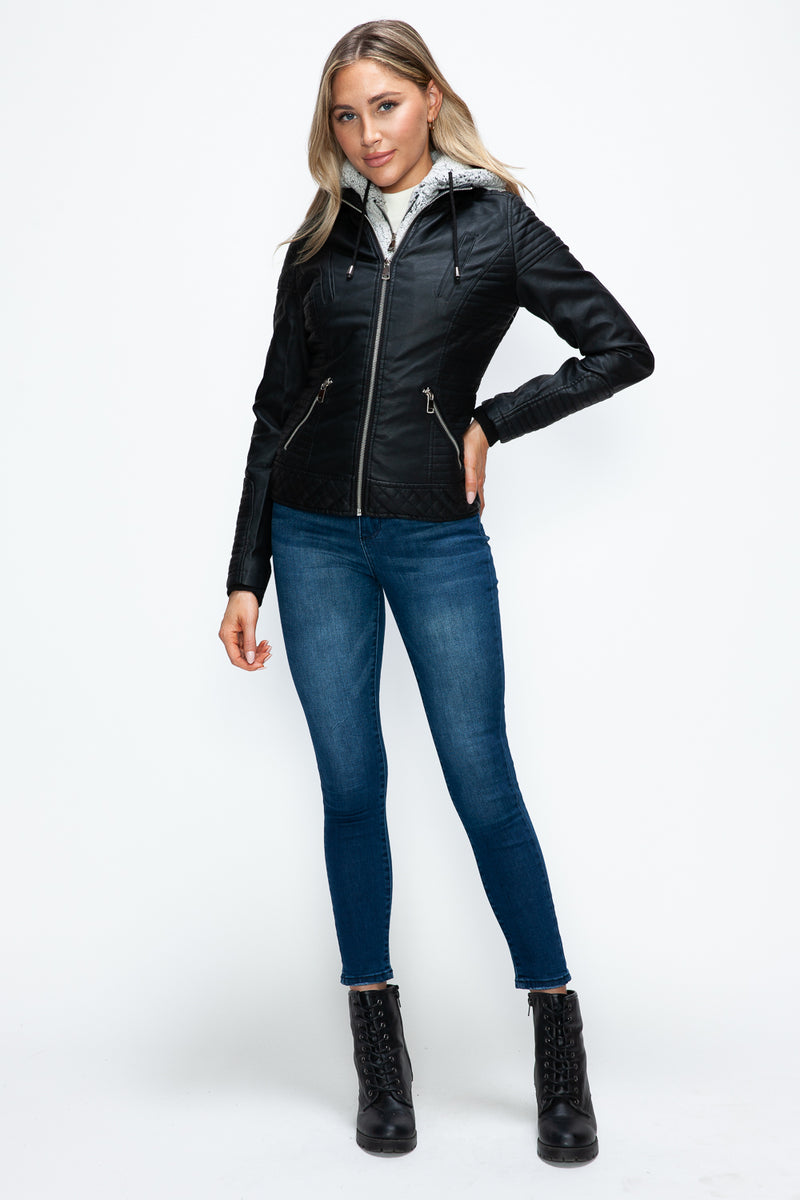 Hazel Blues® |  YMI Faux Layered Double-Zipper Jacket with Fuzzy Hood