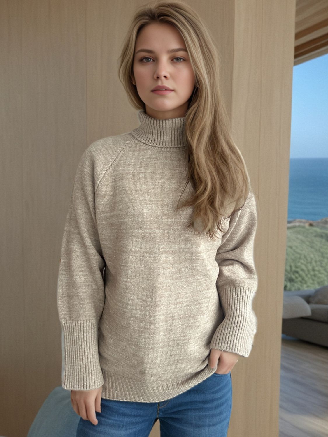 Hazel Blues® |  Turtleneck Raglan Sleeve Sweater