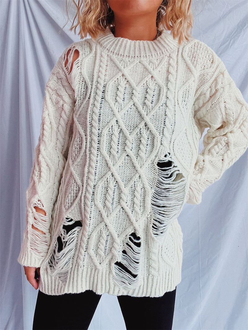 Hazel Blues® |  Distressed Cable-Knit Round Neck Long Sleeve Sweater