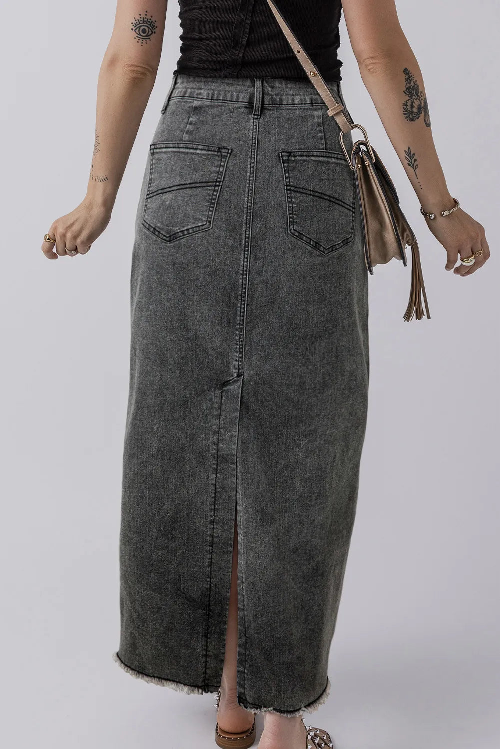 Hazel Blues® |  Raw Hem Midi Denim Skirt with Pockets