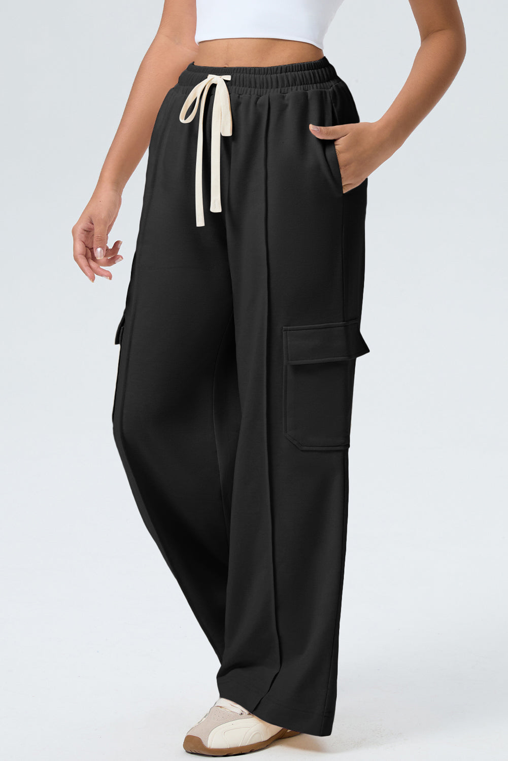 Black Solid Color Drawstring Elastic Waist Cargo Patch Pocket Active Pants